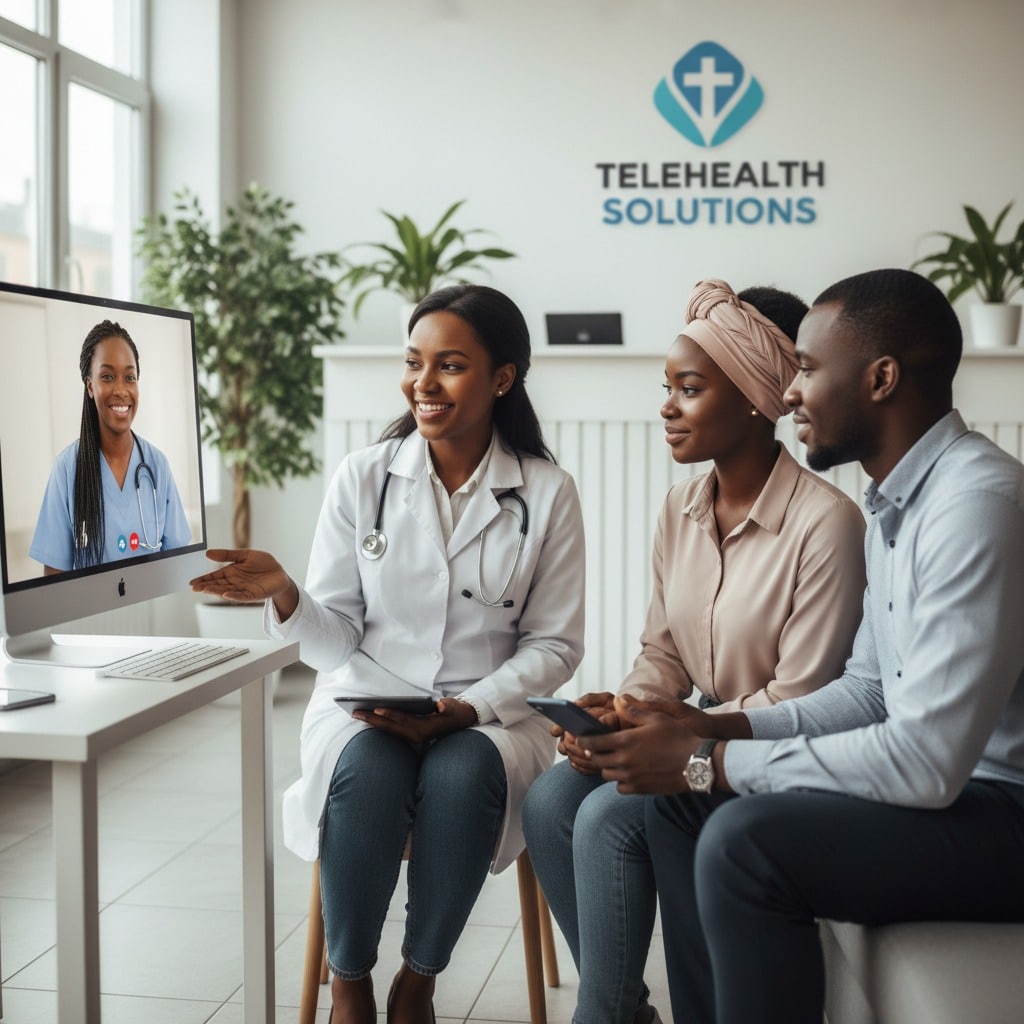A doctor in a white coat talks to a couple in an office while a nurse appears on a computer monitor.