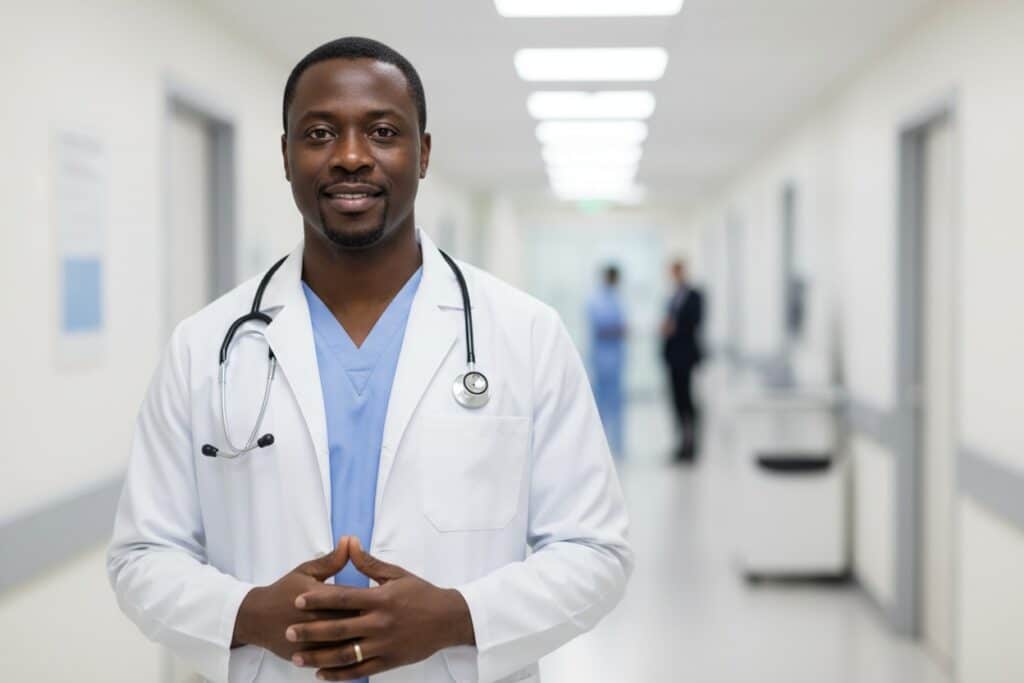 A smiling Black male doctor in a white coat and blue scrubs stands in a brightly lit hospital hallway with a stethoscope around his neck.