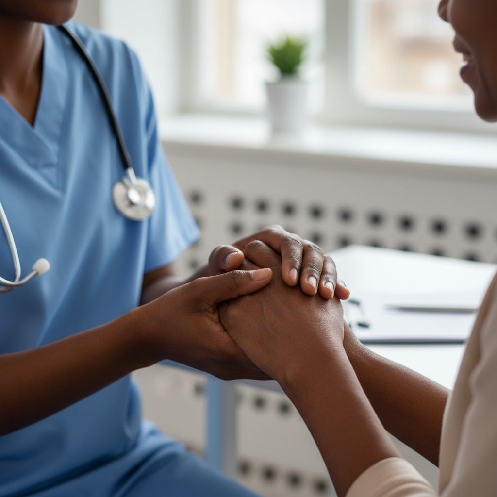 A Black healthcare worker in blue scrubs holds a patient's hands in a brightly lit office.